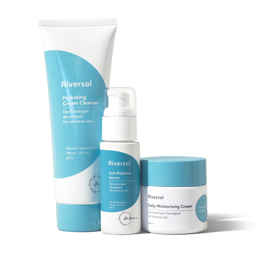 Riversol Redness Control Trio: Cleanser, Anti-Redness Serum, Moisturizer (Normal to Dry variant)